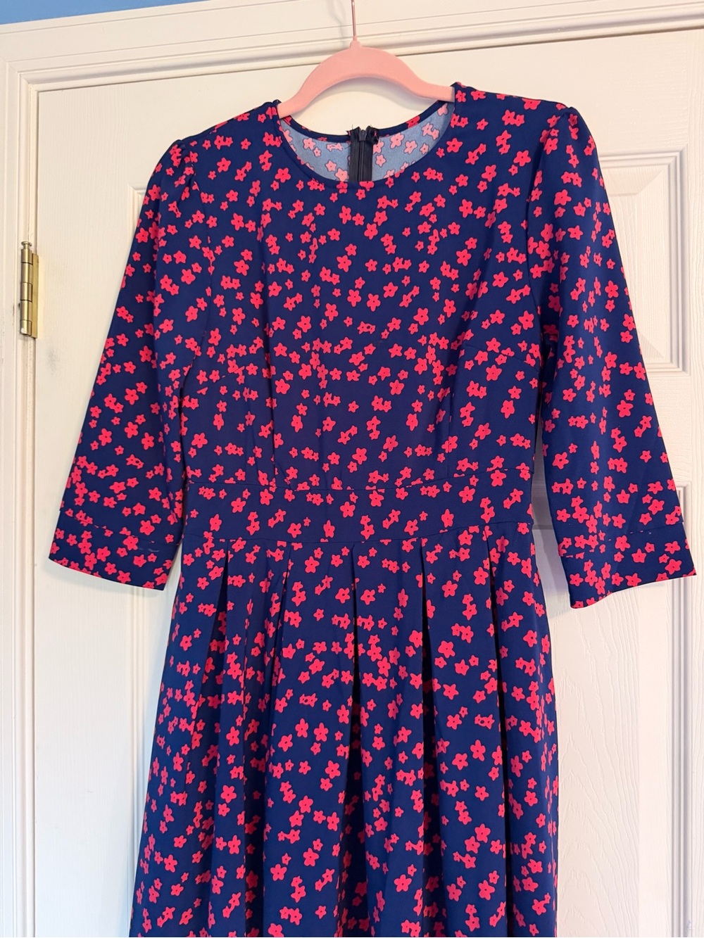 Women's Navy Blue Floral Midi Dress with Pink Print - Picture 6 of 10